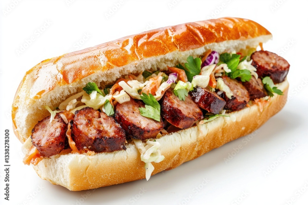 Mouthwatering sausage sandwich roll with fresh slaw and herbs on pristine white a culinary delight Mouthwatering sausage sandwich roll with fresh slaw and herbs on pristine white a culinary delight