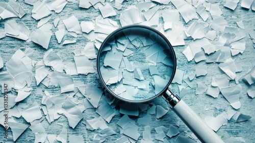 A close-up of a broken magnifying glass lying on a torn document, representing distorted facts, unreliable sources, and misinformation, with a rustic blue wooden background and space for text