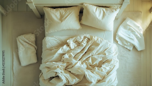 Top perspective of an unmade bed in a bedroom featuring a crumpled bed sheet, a blanket, a white shower towel, and two pillows.