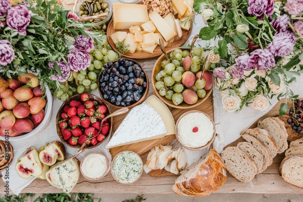 Elegant charcuterie board with cheese assortment fresh fruits and bread rustic charm and vibrant colors appetizing display