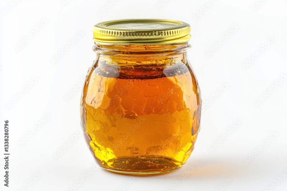 Golden Honey in Glass Jar Displayed on Pure White Surface with Focus on Rich Texture and Color Detail Golden Honey in Glass Jar Displayed on Pure White Surface with Focus on Rich Texture and Color Detail