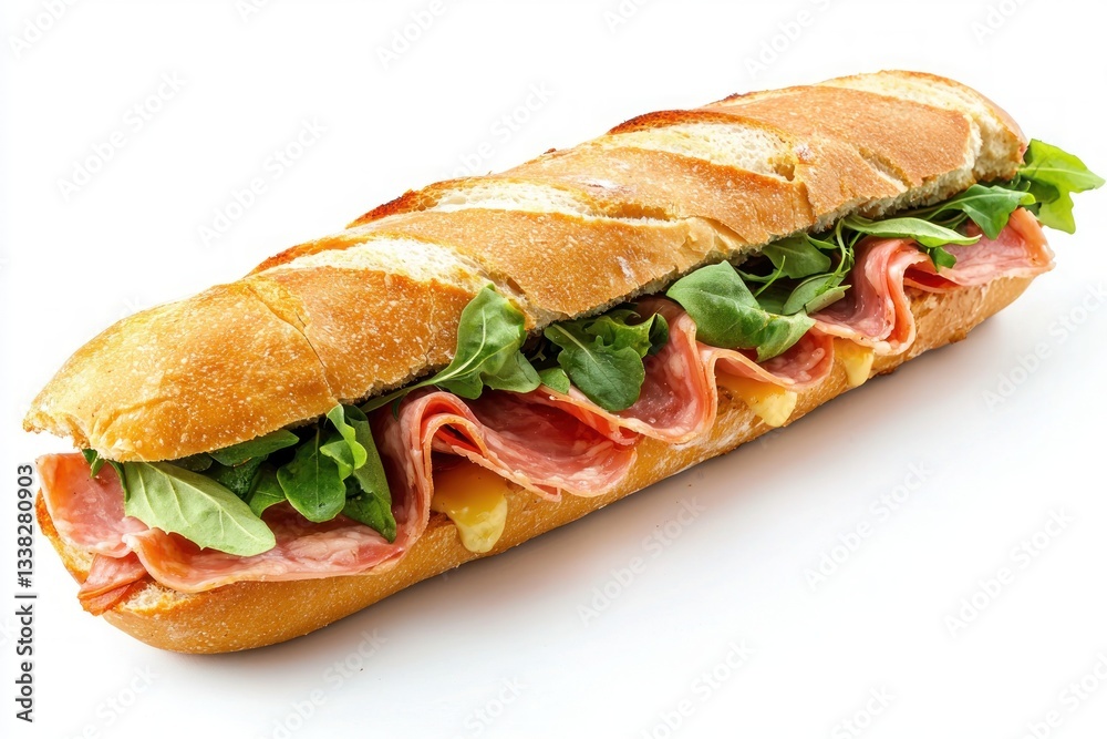 Italian Baguette Sandwich Fresh Salami Arugula and Melted Cheese Delight on White Background Close Up Italian Baguette Sandwich Fresh Salami Arugula and Melted Cheese Delight on White Background Close Up