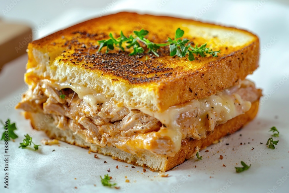 Delicious toasted chicken sandwich with melted cheese served on white background gourmet food shot Delicious toasted chicken sandwich with melted cheese served on white background gourmet food shot