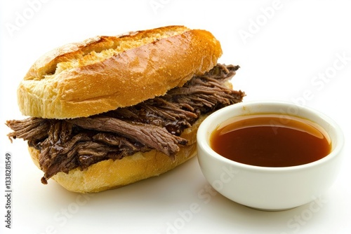 Delicious pulled beef sandwich with a side of savory au jus dip presented on a white table top