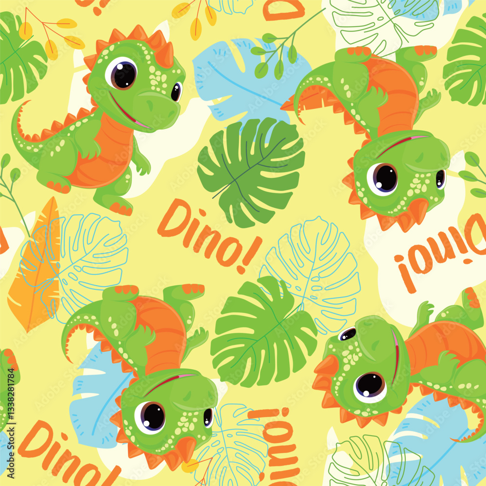 Fototapeta premium Cute Green Dinosaur Seamless Pattern. Playful T-Rex and Tropical Leaves