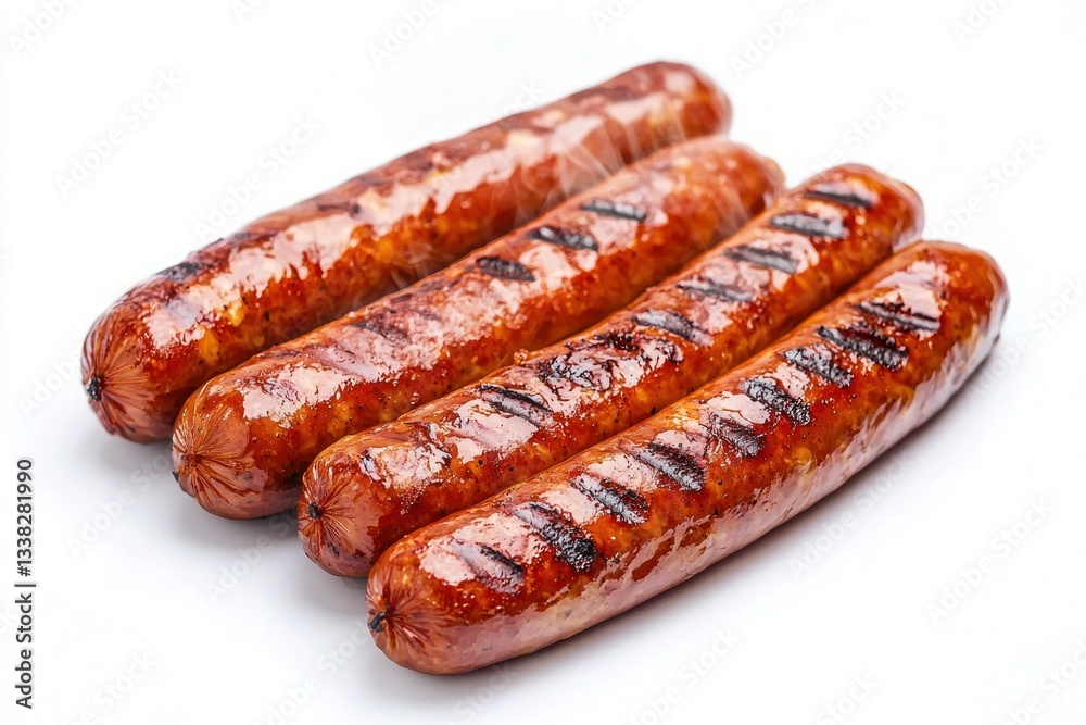 Appetizing grilled sausage assortment on white backdrop offering rich colors and textured perfection Appetizing grilled sausage assortment on white backdrop offering rich colors and textured perfection