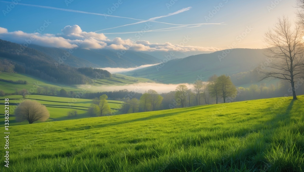 Obraz premium Mountain meadow bathed in morning light. Countryside spring landscape featuring a foggy valley behind the forest on the grassy hill. Fluffy clouds drift across a bright blue sky. Nature freshness t...