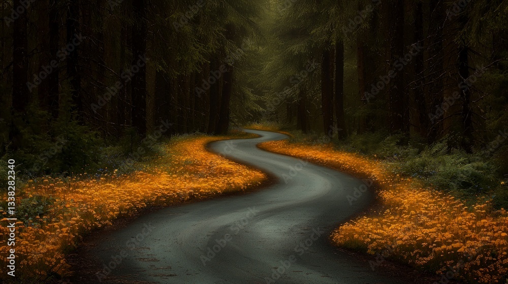 Obraz premium Winding Forest Road Spring Wildflowers Cinematic Photography