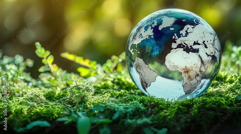 Glass Globe Placed on Moss in Forest, Surrounded by Lush Greenery and Sunlight Filtering Through Trees, Glass Globe Placed on Moss in Forest, Surrounded by Lush Greenery and Sunlight Filtering Through Trees,