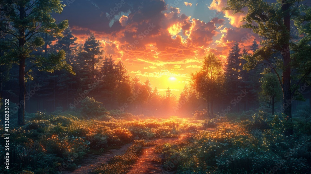 Fototapeta premium A forest with a path leading through it and a bright orange sun in the sky