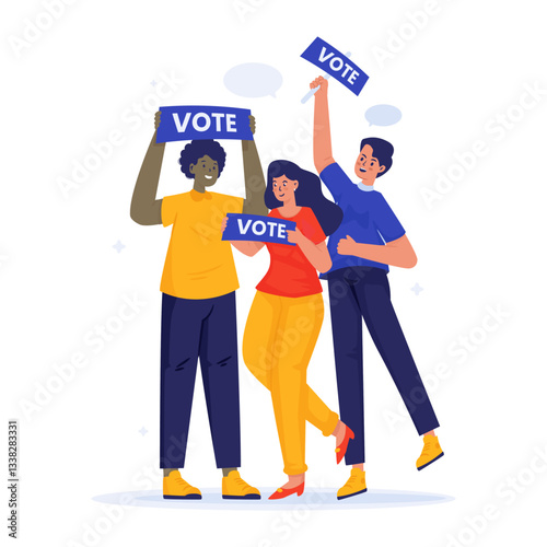 Group of young people in election campaign with vote sign vector illustration