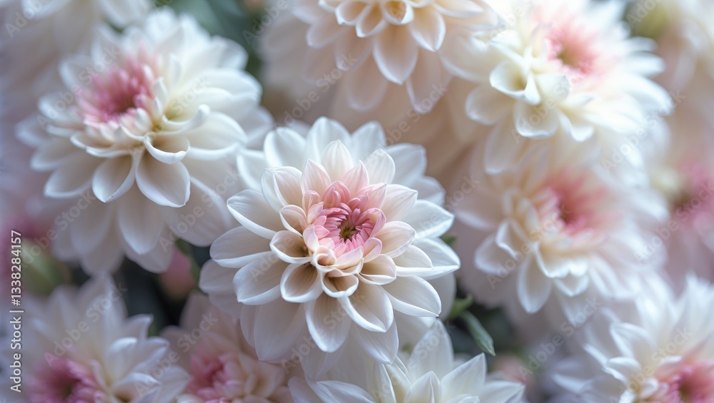 Fototapeta premium Flowers dahlia festive backdrop, soft and pastel bouquet floral card, overhead view wallpaper background. Macro of flowers for texture backdrop.