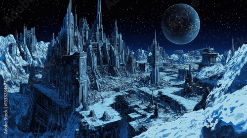 majestic, icy citadel stands under starry sky, surrounded by snow covered mountains and distant planet. scene evokes sense of mystery and wonder