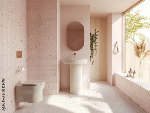 A contemporary bathroom features light colors and natural light beautifully