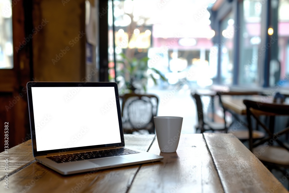 Cozy Cafe Workspace with Laptop and Coffee - Ideal for Remote Work and Inspiration Cozy Cafe Workspace with Laptop and Coffee - Ideal for Remote Work and Inspiration