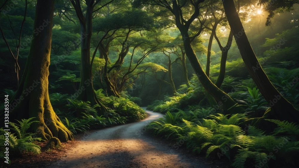 Obraz premium Trail winding through dense green forest