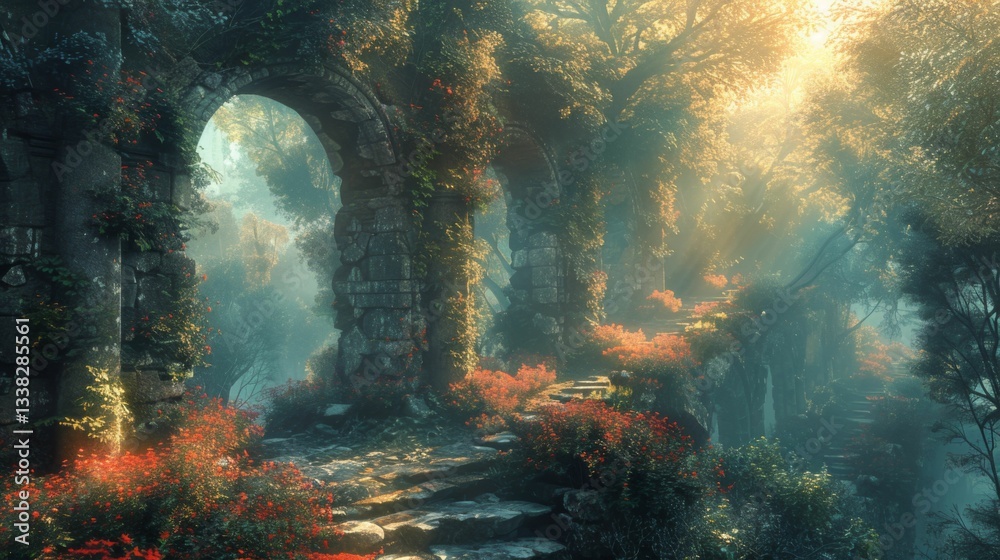 Obraz premium A forest with a stone archway leading to a path