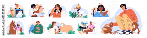 People with domestic animals set. Pet lovers love, care about their dogs, cats, rats, parrots, ferrets. Happy owners play, have fun with fluffy friends. Flat isolated vector illustration on white.