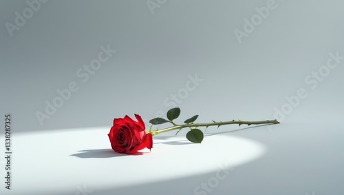 Red rose positioned on a white background with a gentle shadow. photo