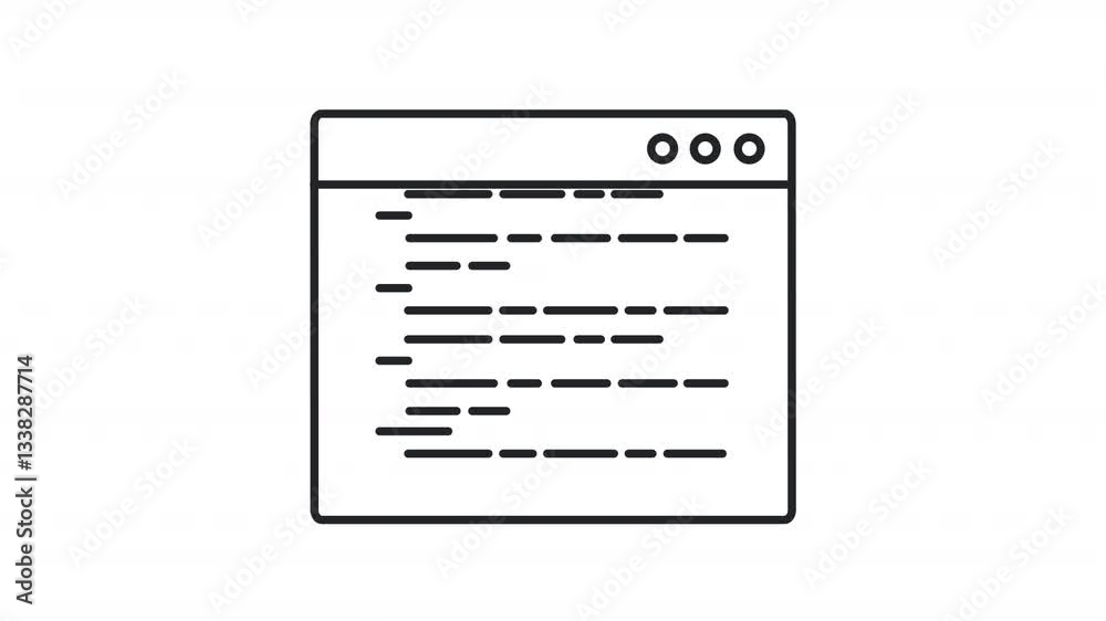 Animated coding icon. Device screen with moving code strokes line animation. Software development process. Black illustration on white background. HD video with alpha channel. Motion graphic