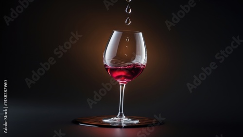 Red wine in a wine glass against a black backdrop. A drop descends to the surface, creating ripples. photo