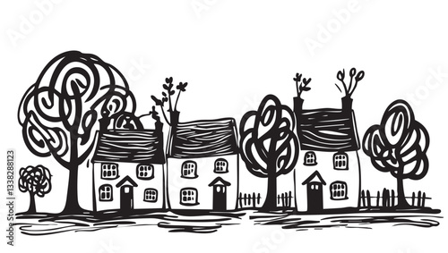 Old abstract cottages town, vector drawing, doodles