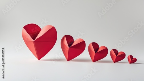 Red paper hearts separated on a white background, blank space
