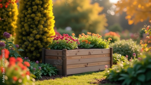 Raised bed in an allotment garden during autumn.