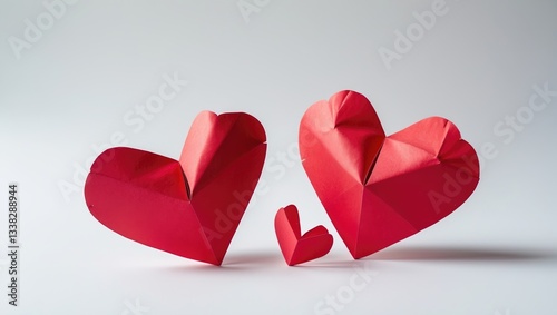Red paper heart set against a white background, red heart, paper heart backdrop.