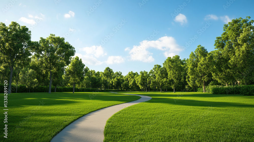 serene outdoor park featuring lush green grass, winding pathways, and vibrant trees under clear blue sky. This tranquil setting invites relaxation and exploration serene outdoor park featuring lush green grass, winding pathways, and vibrant trees under clear blue sky. This tranquil setting invites relaxation and exploration