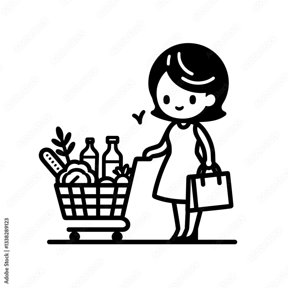 Woman grocery shopping with full cart on white background Woman grocery shopping with full cart on white background
