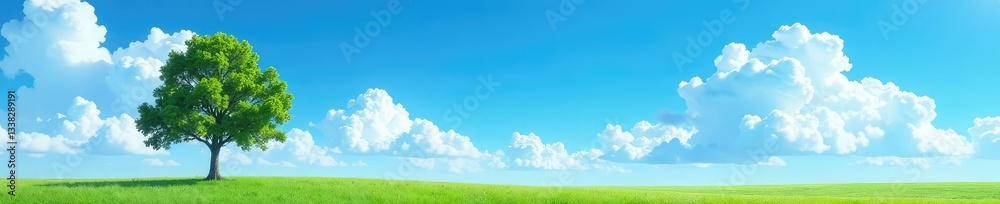 Single tree against a bright blue sky with fluffy white clouds, nature, clear sky Single tree against a bright blue sky with fluffy white clouds, nature, clear sky