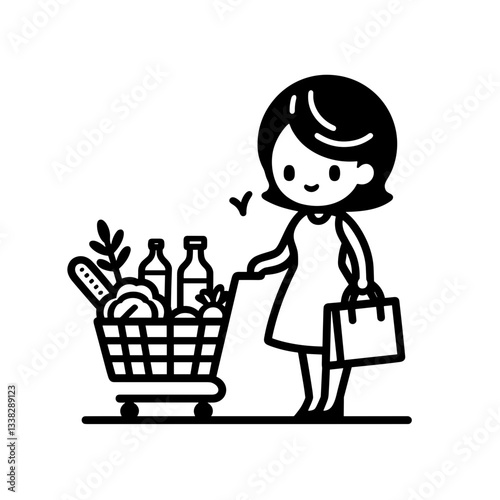 Woman grocery shopping with full cart on white background