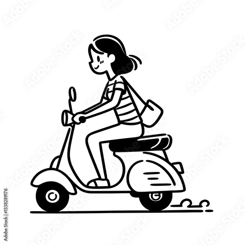 Woman riding scooter with smile on white background