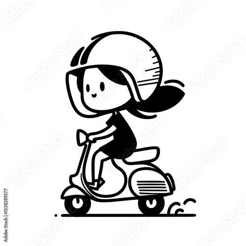 Girl riding scooter with helmet on white background