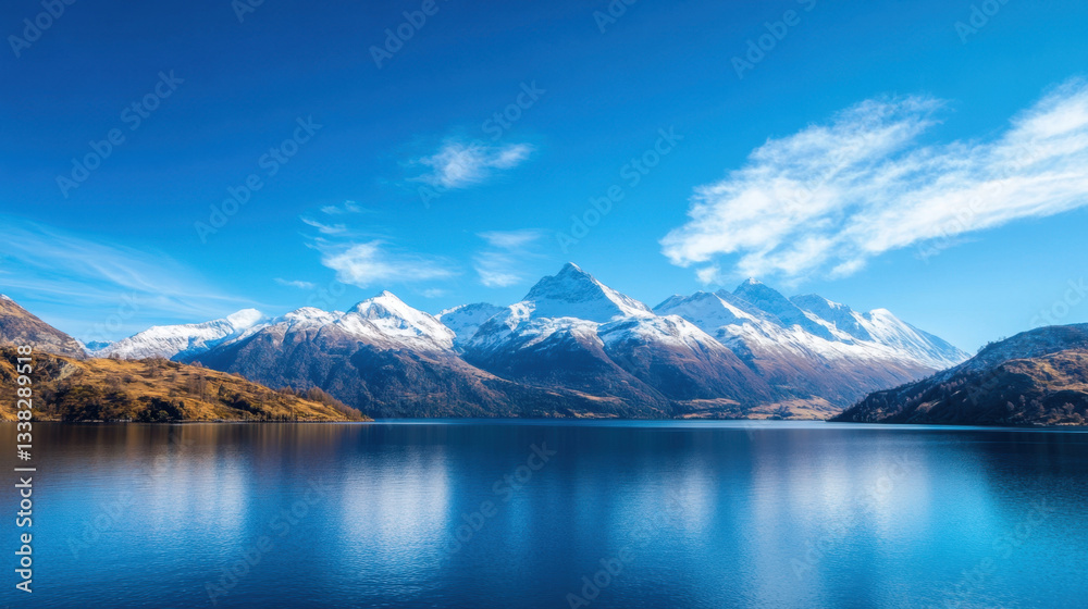 stunning landscape featuring serene lake surrounded by majestic snow capped mountains under clear blue sky, evoking sense of tranquility and natural beauty stunning landscape featuring serene lake surrounded by majestic snow capped mountains under clear blue sky, evoking sense of tranquility and natural beauty
