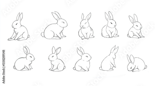 Eight Realistic Rabbit Sketches in Different Sitting Poses
