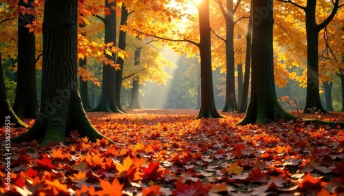 Colorful fall leaves scattered on the forest floor, trees, orange, seasonal change