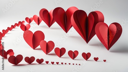 Red paper hearts on a white background, isolated with copy space.