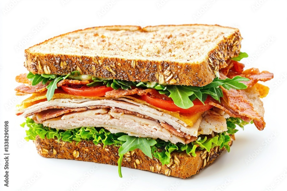 Delicious sandwich with whole grain bread turkey bacon cheddar lettuce and tomato on white background Delicious sandwich with whole grain bread turkey bacon cheddar lettuce and tomato on white background