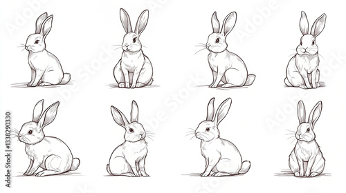 Eight Realistic Rabbit Sketches in Different Sitting Poses