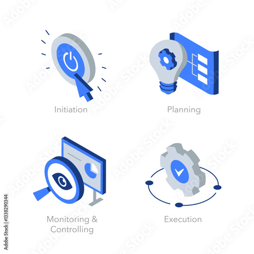 Simple set of isometric flat icons for project management. Contains such symbols as Initiation, Planning, Monitoring & Controlling and Execution.