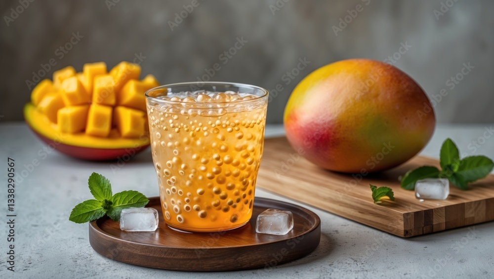 Mango tea with bubbles and ice set against a background of condiments. Mango tea with bubbles and ice set against a background of condiments.