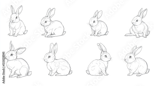 Eight Realistic Rabbit Sketches in Different Sitting Poses