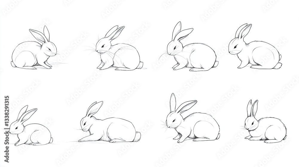 Eight Realistic Rabbit Sketches in Different Sitting Poses Eight Realistic Rabbit Sketches in Different Sitting Poses