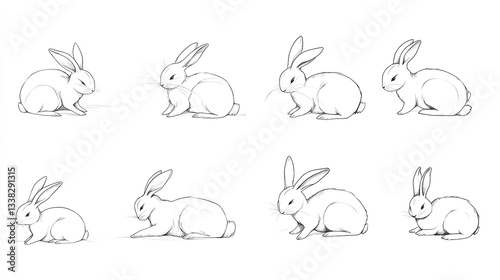 Eight Realistic Rabbit Sketches in Different Sitting Poses