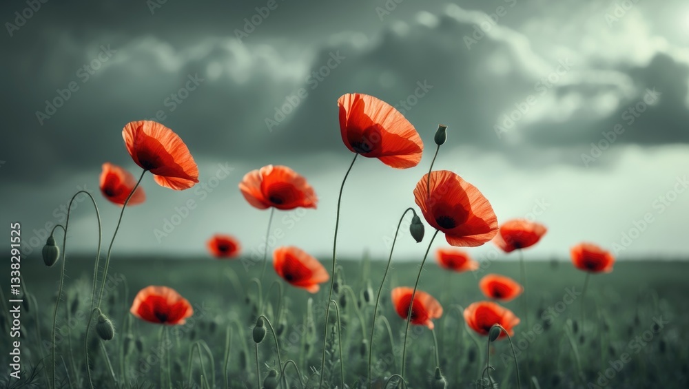 Naklejka premium Poppy flowers in red bloom on a spring agricultural field, set against a backdrop.