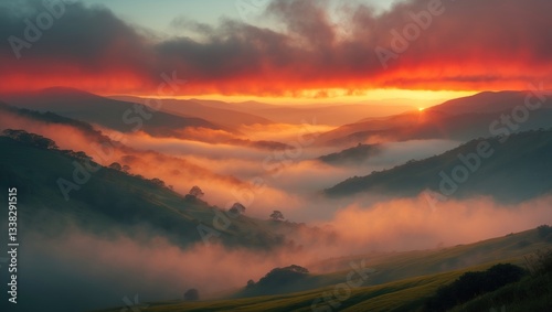 Marvelous red dawn. Enchanting beautiful valley. Hilltops protrude from a foggy backdrop, with the fog appearing red and orange from the sunlight.