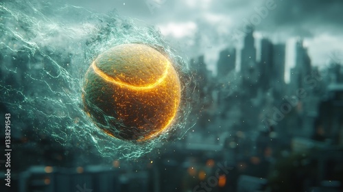 A glowing abstract tennis ball suspended in mid-air with dynamic energy trails across a dark futuristic skyline. Generative AI