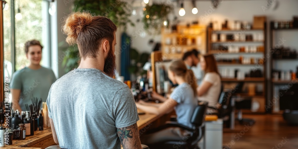 Fototapeta premium Modern Hair Salon A Customer Watches As A Stylist Attentively Styles A Woman s Hair.